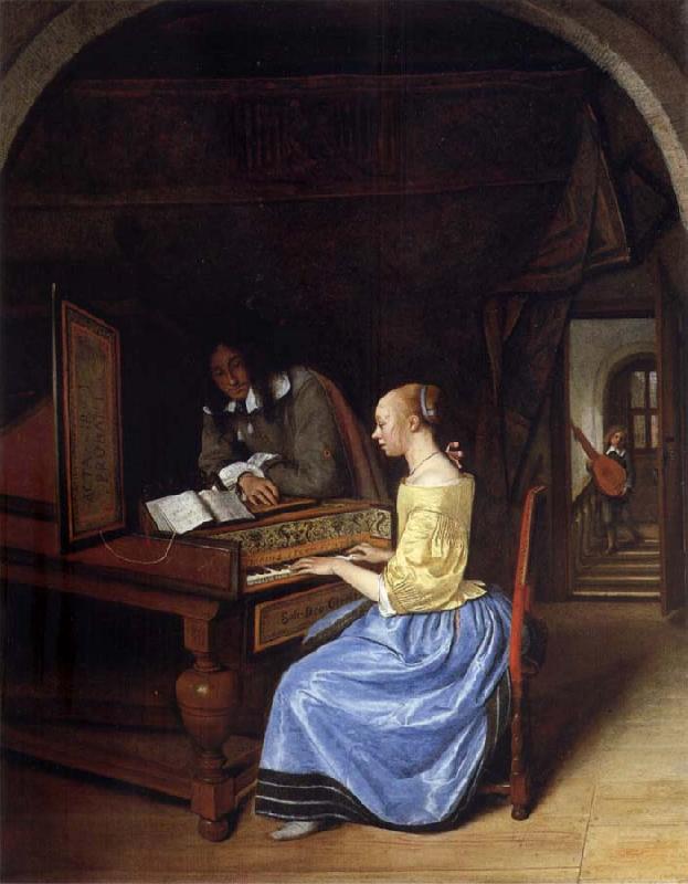 Jan Steen A young woman playing a harpsichord to a young man oil painting picture